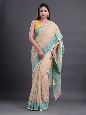 Beige woven silk cotton saree  3