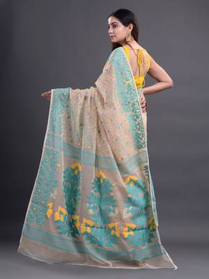 Beige woven silk cotton saree  4