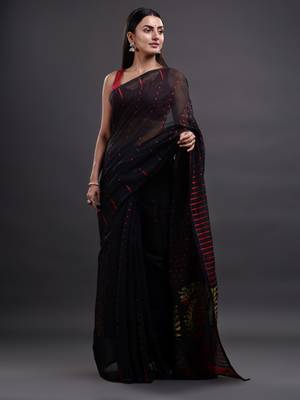 Black Woven Silk Cotton Saree Without Blouse 1