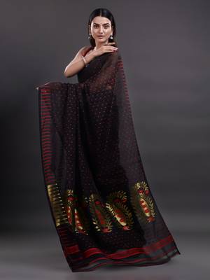 Black Woven Silk Cotton Saree Without Blouse 2