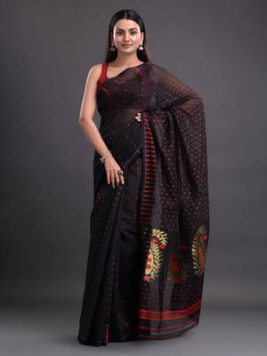 Black Woven Silk Cotton Saree Without Blouse 3