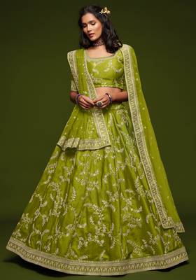 elegance bright green dori and sequins embroidered bridal lehenga set choli with dupatta  1