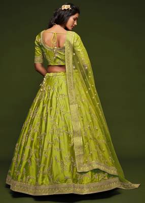 elegance bright green dori and sequins embroidered bridal lehenga set choli with dupatta  3