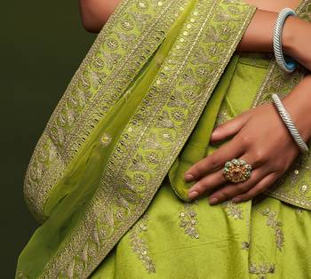 elegance bright green dori and sequins embroidered bridal lehenga set choli with dupatta  4