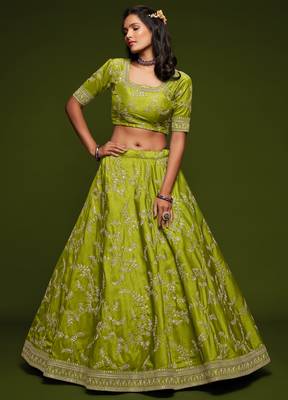 elegance bright green dori and sequins embroidered bridal lehenga set choli with dupatta  6