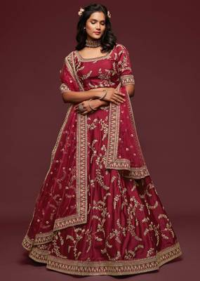 elegance maron dori and sequins embroidered bridal lehenga set choli with dupatta  3