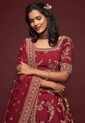 elegance maron dori and sequins embroidered bridal lehenga set choli with dupatta  4