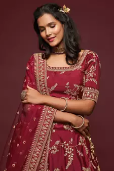 elegance maron dori and sequins embroidered bridal lehenga set choli with dupatta 