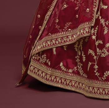 elegance maron dori and sequins embroidered bridal lehenga set choli with dupatta  6