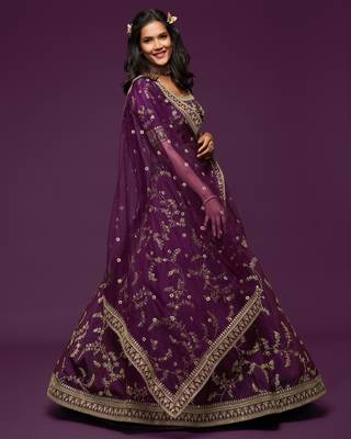 royal purple embroidered net lehenga set choli with dupatta with dupatta 3