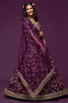 royal purple embroidered net lehenga set choli with dupatta with dupatta