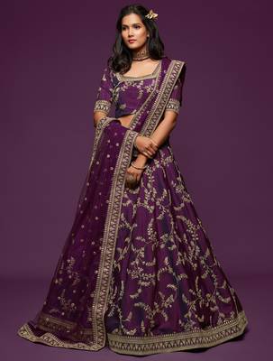 royal purple embroidered net lehenga set choli with dupatta with dupatta 4