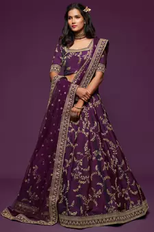 royal purple embroidered net lehenga set choli with dupatta with dupatta