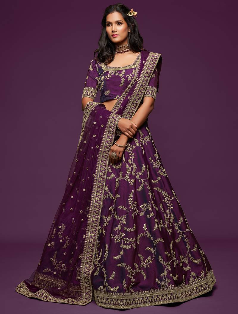 Royal Purple Embroidered Net Lehenga Choli with Dupatta