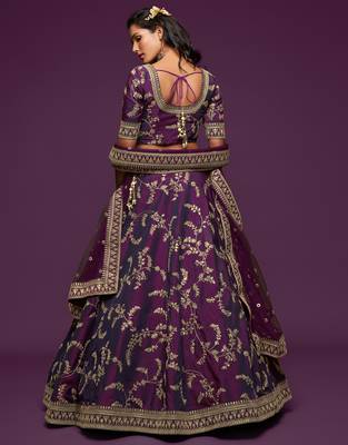 royal purple embroidered net lehenga set choli with dupatta with dupatta 5