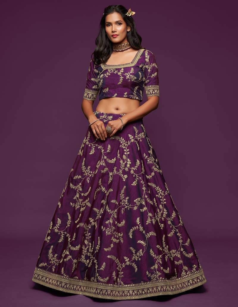Royal Purple Embroidered Net Lehenga Choli with Dupatta