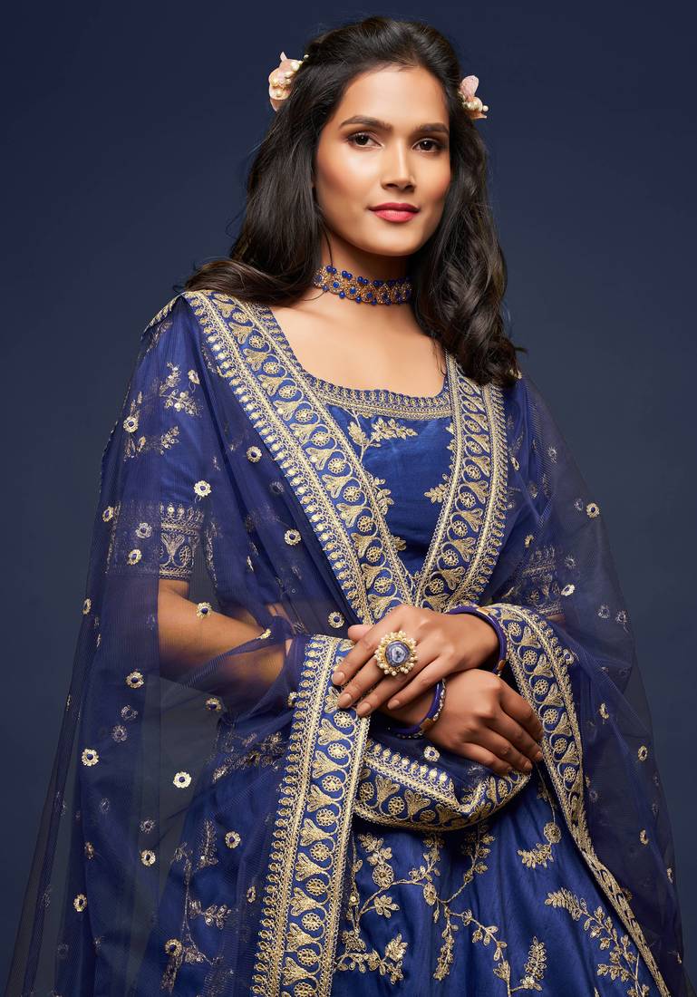 Elegance Navy Blue Dori and Sequins Embroidered Bridal Designer Lehenga Choli set