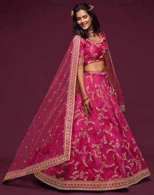 elegance pink dori and sequins embroidered bridal lehenga set choli with dupatta  1