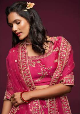 elegance pink dori and sequins embroidered bridal lehenga set choli with dupatta  5