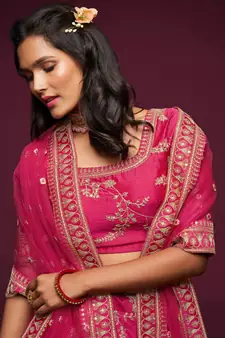 elegance pink dori and sequins embroidered bridal lehenga set choli with dupatta 