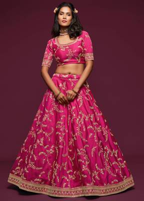 elegance pink dori and sequins embroidered bridal lehenga set choli with dupatta  6