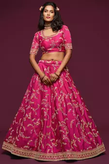 elegance pink dori and sequins embroidered bridal lehenga set choli with dupatta 