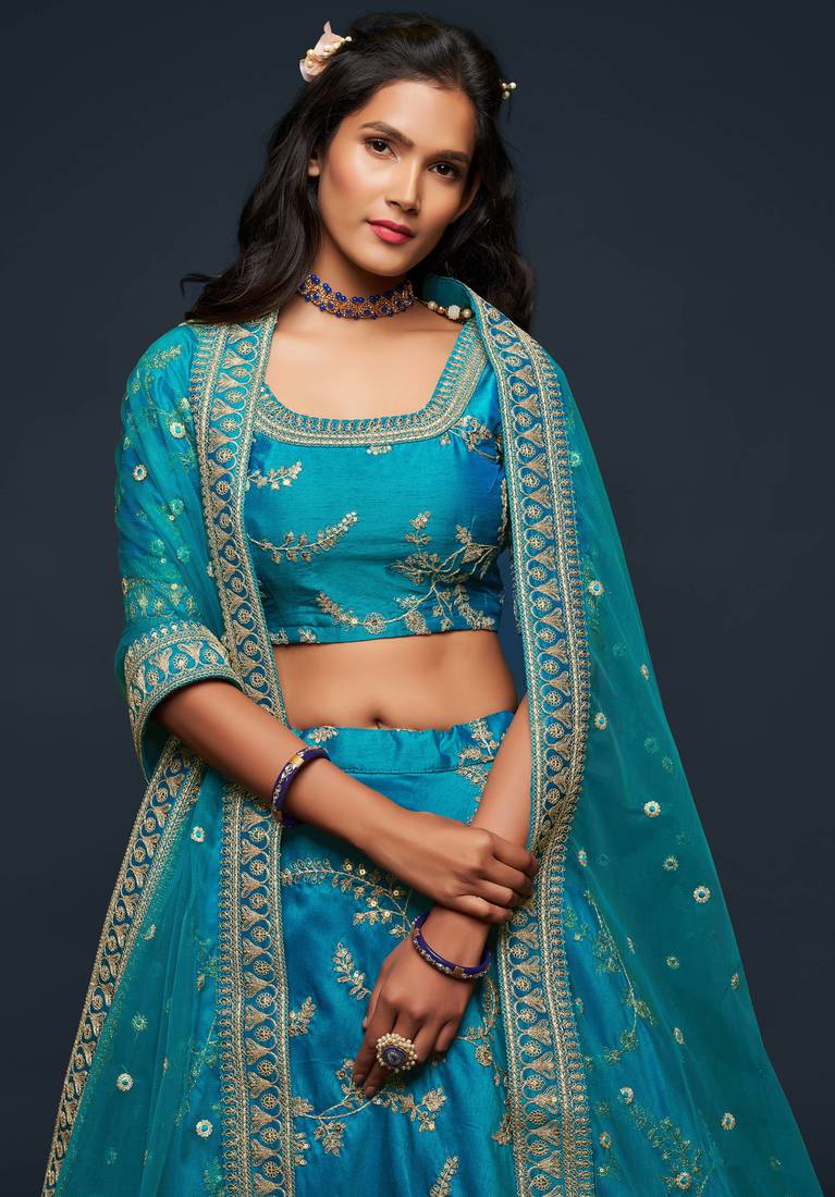 Sky Blue Art Silk Golden Thread Embroidered Lehenga Choli