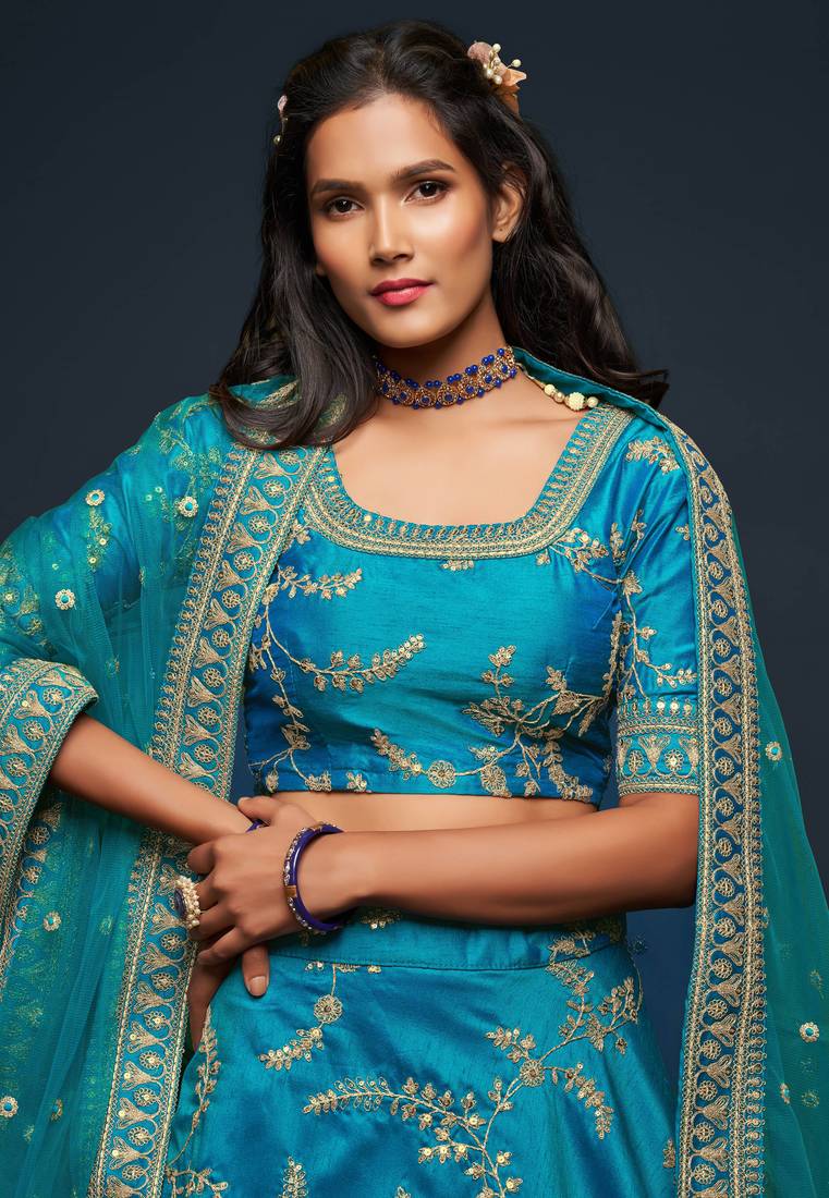 Sky Blue Art Silk Golden Thread Embroidered Lehenga Choli