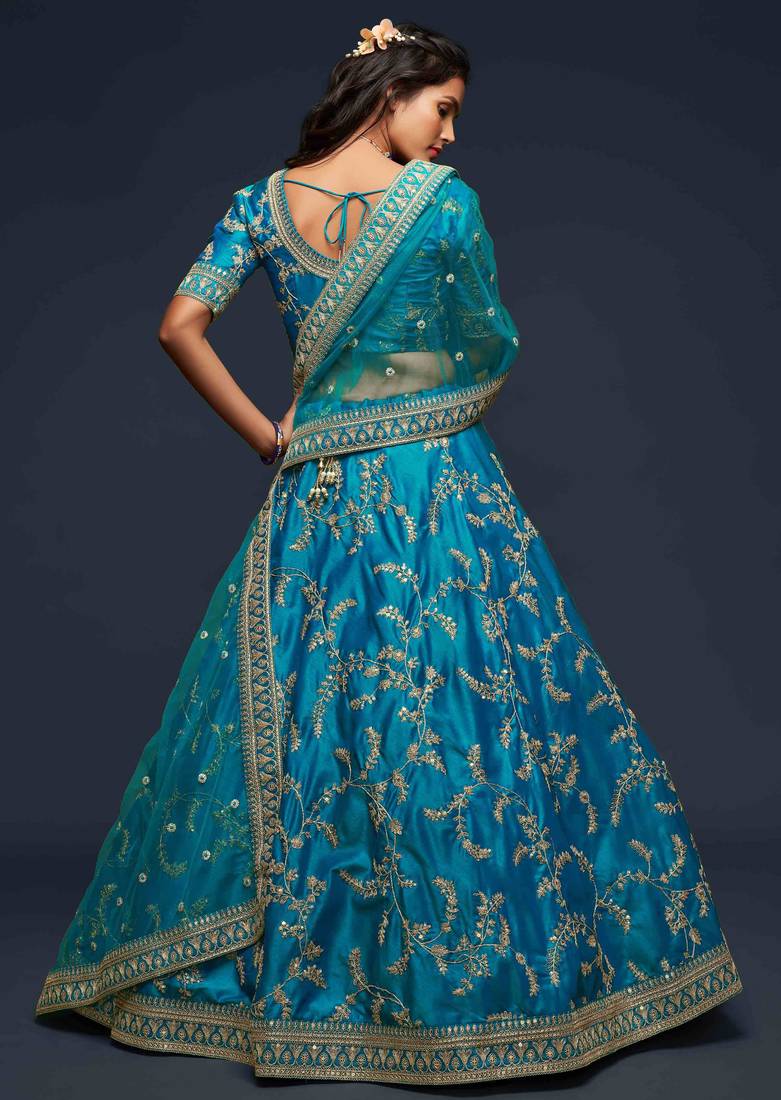 Sky Blue Art Silk Golden Thread Embroidered Lehenga Choli