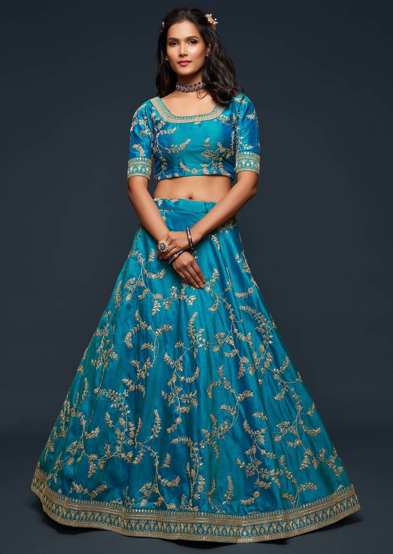 Sky Blue Art Silk Golden Thread Embroidered Lehenga Choli