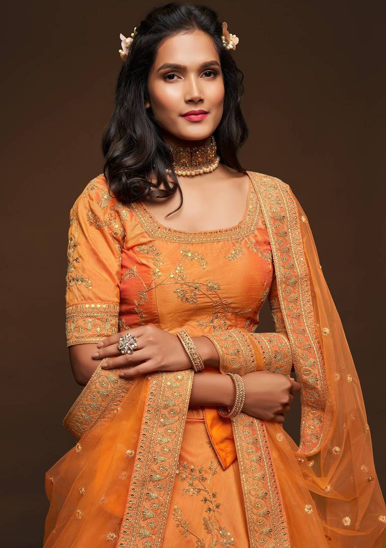 Elegance Orange Dori and Sequins Embroidered Bridal Designer Lehenga Choli set