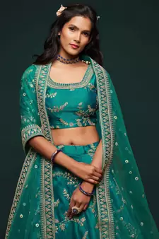 elegance green dori and sequins embroidered bridal lehenga set choli with dupatta 