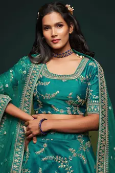 elegance green dori and sequins embroidered bridal lehenga set choli with dupatta 