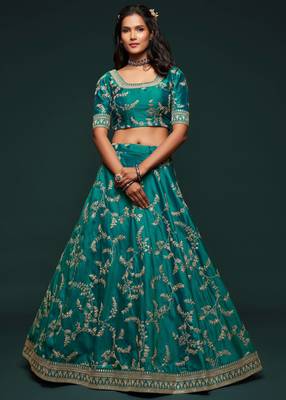 elegance green dori and sequins embroidered bridal lehenga set choli with dupatta  5