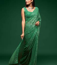 Mint Green Thread And Multiple Sequins Embroidered Georgette Designer Saree