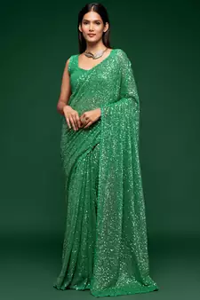 Mint Green Thread And Multiple Sequins Embroidered Georgette Designer Saree