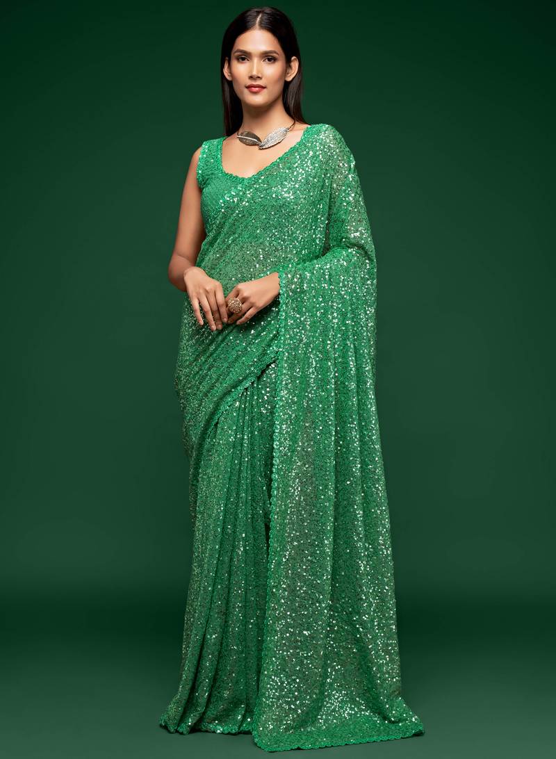 Mint Green Thread And Multiple Sequins Embroidered Georgette Designer Saree
