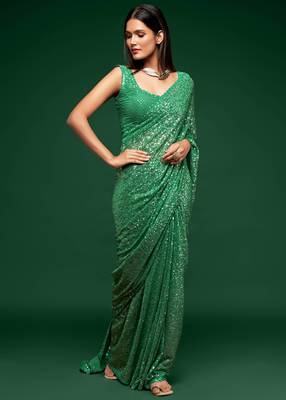 Mint Green Thread And Multiple Sequins Embroidered Georgette Designer Saree 4