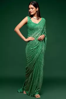 Mint Green Thread And Multiple Sequins Embroidered Georgette Designer Saree