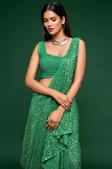 Mint Green Thread And Multiple Sequins Embroidered Georgette Designer Saree