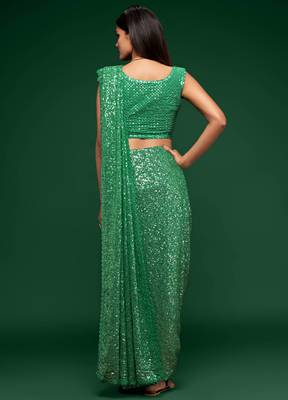 Mint Green Thread And Multiple Sequins Embroidered Georgette Designer Saree 6