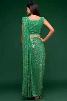 Mint Green Thread And Multiple Sequins Embroidered Georgette Designer Saree