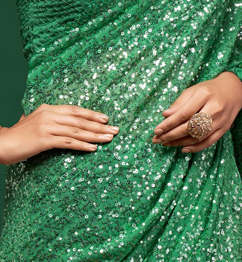 Mint Green Thread And Multiple Sequins Embroidered Georgette Designer Saree