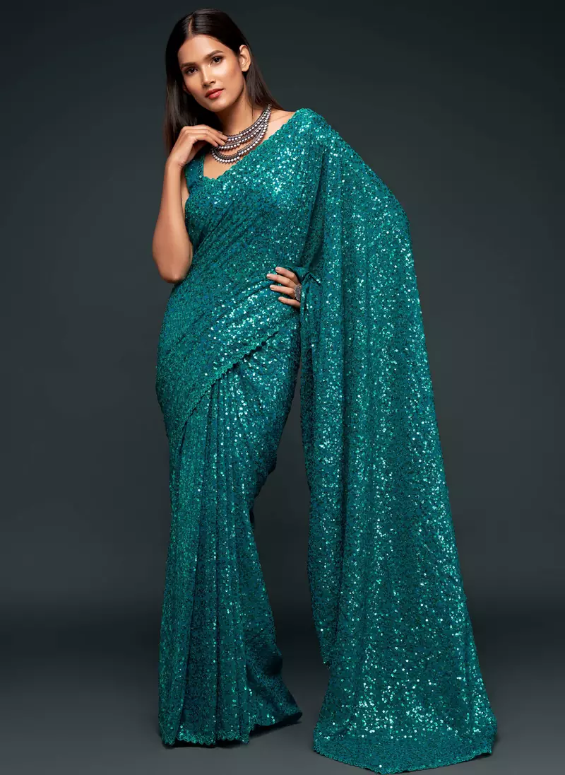 TEAL BLUE THREAD AND MULTIPLE SEQUINS EMBROIDERED GEORGETTE DESIGNER SAREE