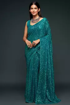 Turquoise Georgette Saree with blouse With Sequin Embroidery