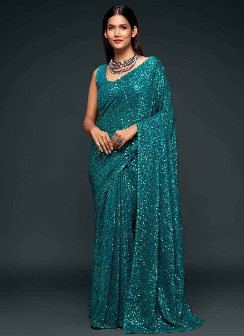 Turquoise Georgette Saree with blouse With Sequin Embroidery