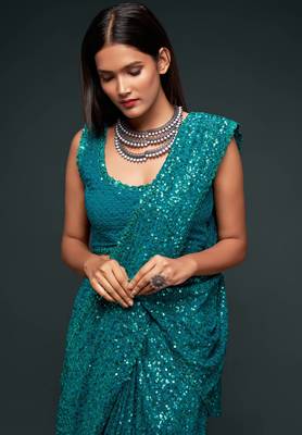 Turquoise Georgette Saree with blouse With Sequin Embroidery 4