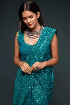 Turquoise Georgette Saree with blouse With Sequin Embroidery