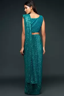 Turquoise Georgette Saree with blouse With Sequin Embroidery