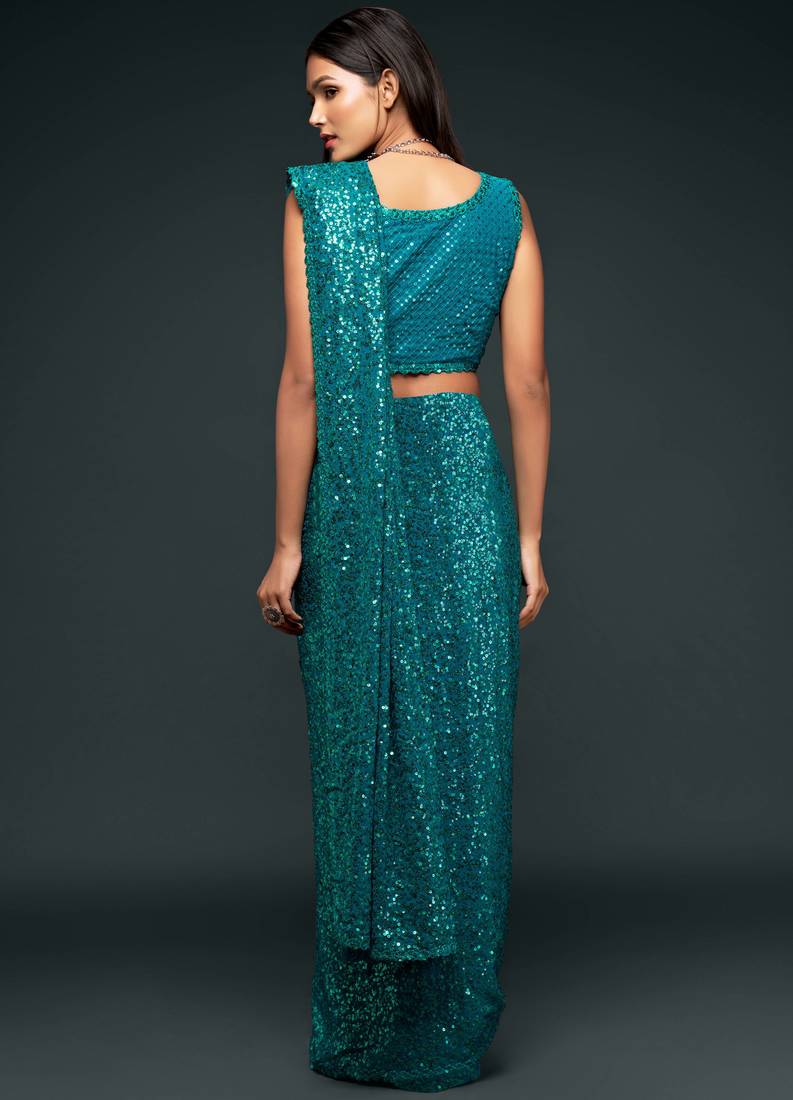 Turquoise Georgette Saree with blouse With Sequin Embroidery